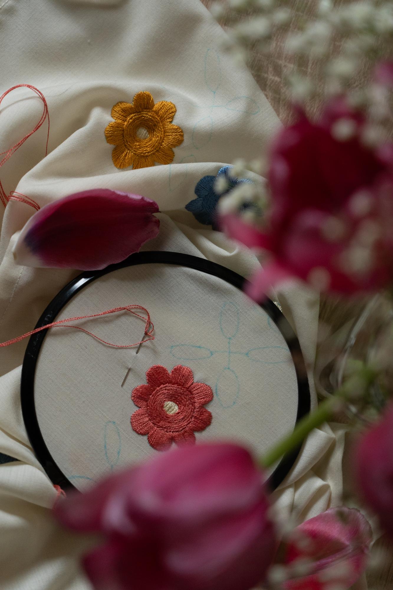 Close-up of embroidered sample on linen